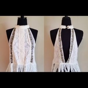 Off-White Lace Crop Top with Fringe